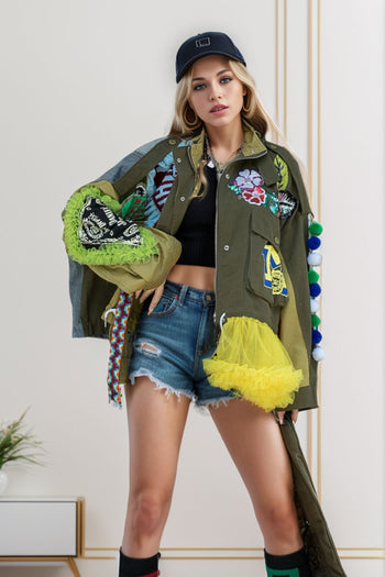 Sequin Patchwork Zip Up Dropped Shoulder Jacket Trendsi