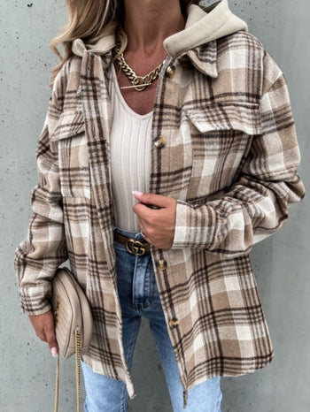 Plaid Dropped Shoulder Hooded Jacket Trendsi