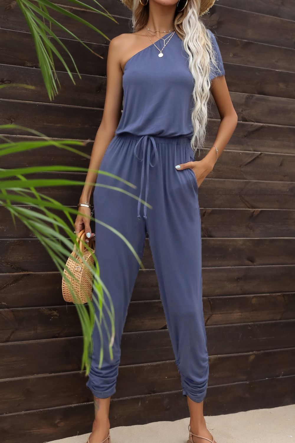 Drawstring Waist One-Shoulder Jumpsuit with Pockets Casual Chic Boutique