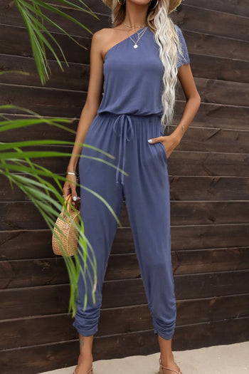 Drawstring Waist One-Shoulder Jumpsuit with Pockets Casual Chic Boutique