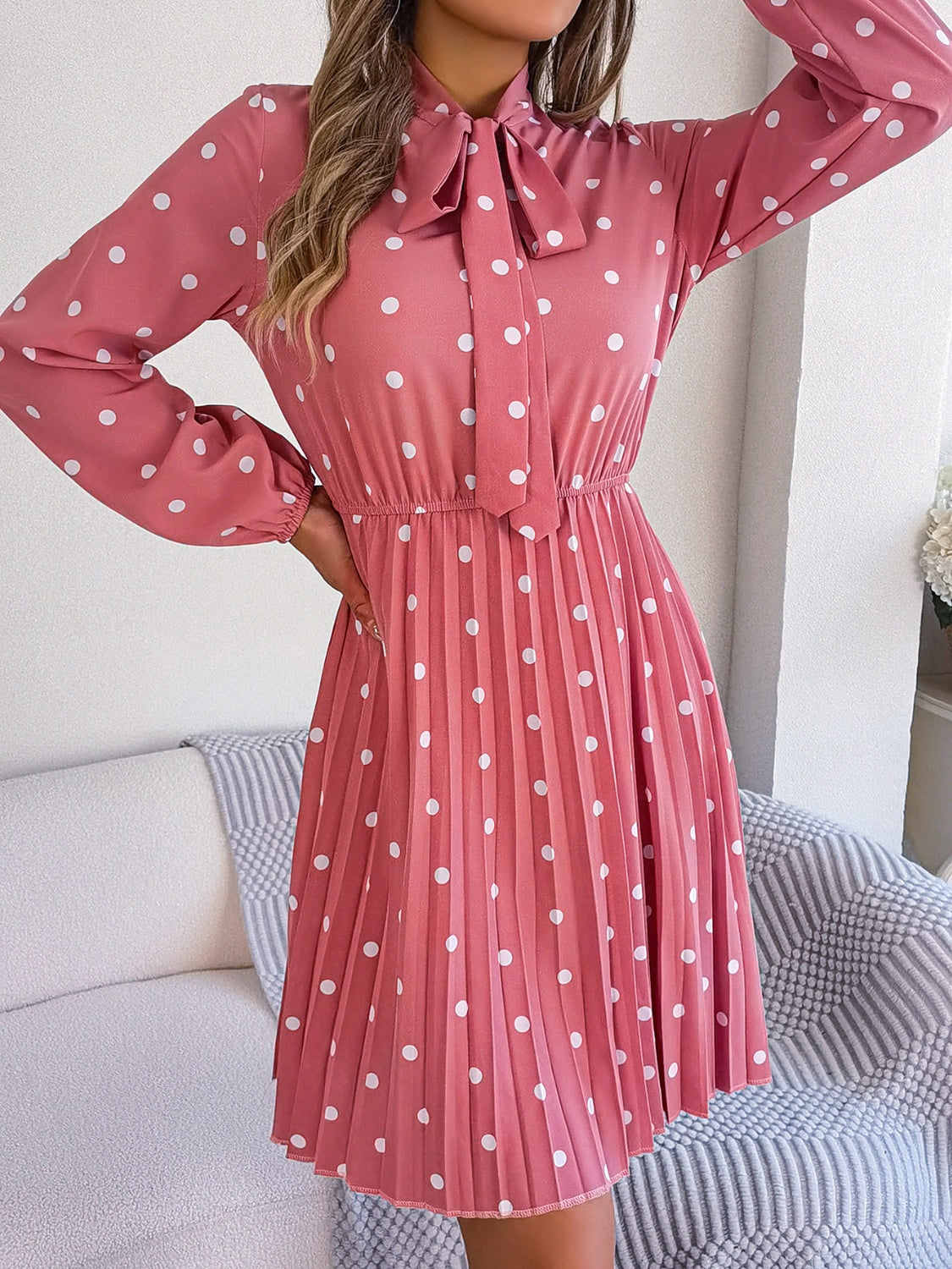 Polka Dot Tie Neck Pleated Dress Trendsi