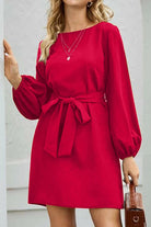 Tied Boat Neck Balloon Sleeve Mini Dress Trendsi