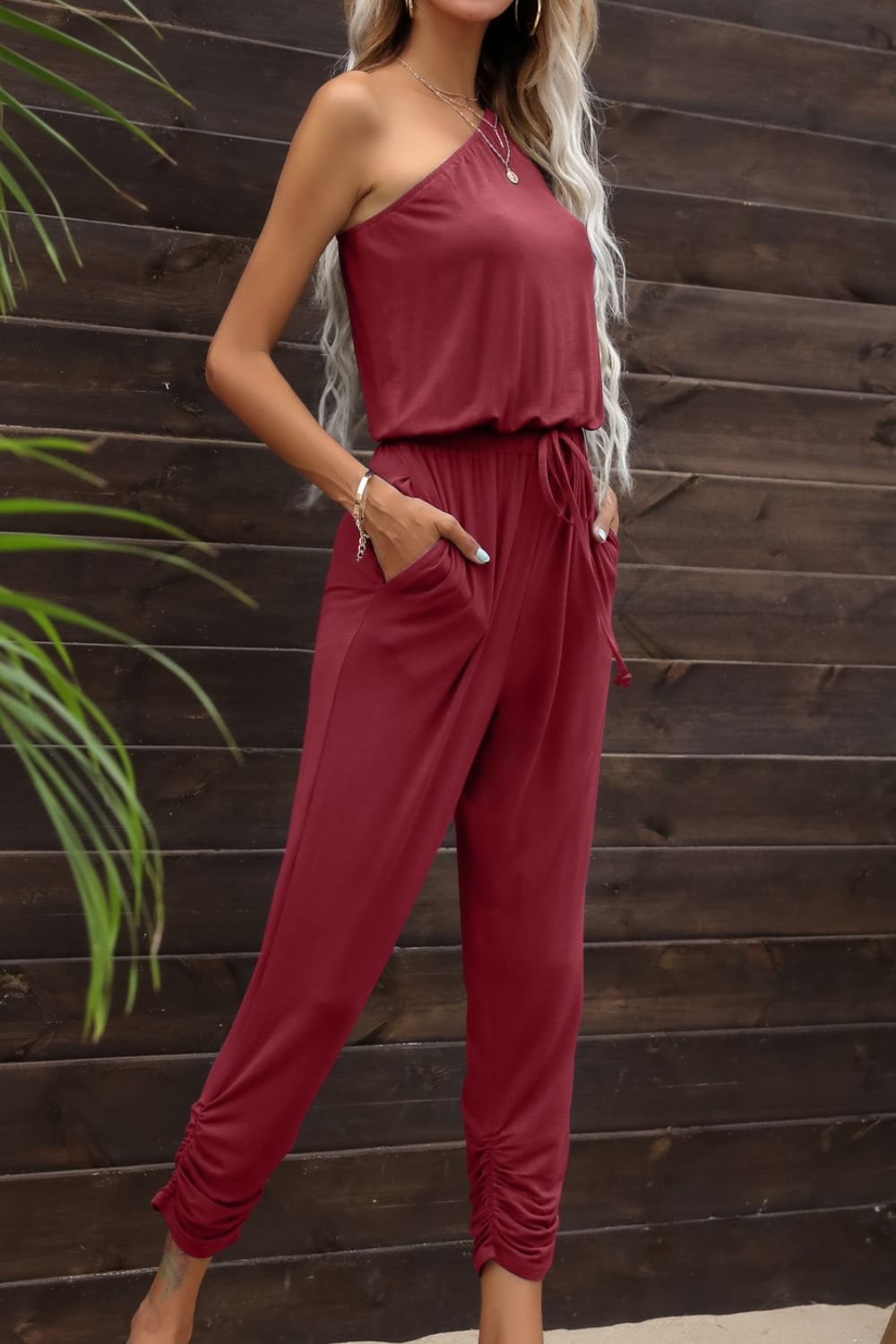 Drawstring Waist One-Shoulder Jumpsuit with Pockets Casual Chic Boutique