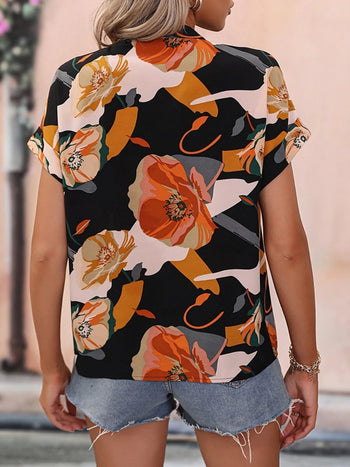 Printed Notched Short Sleeve Blouse Trendsi