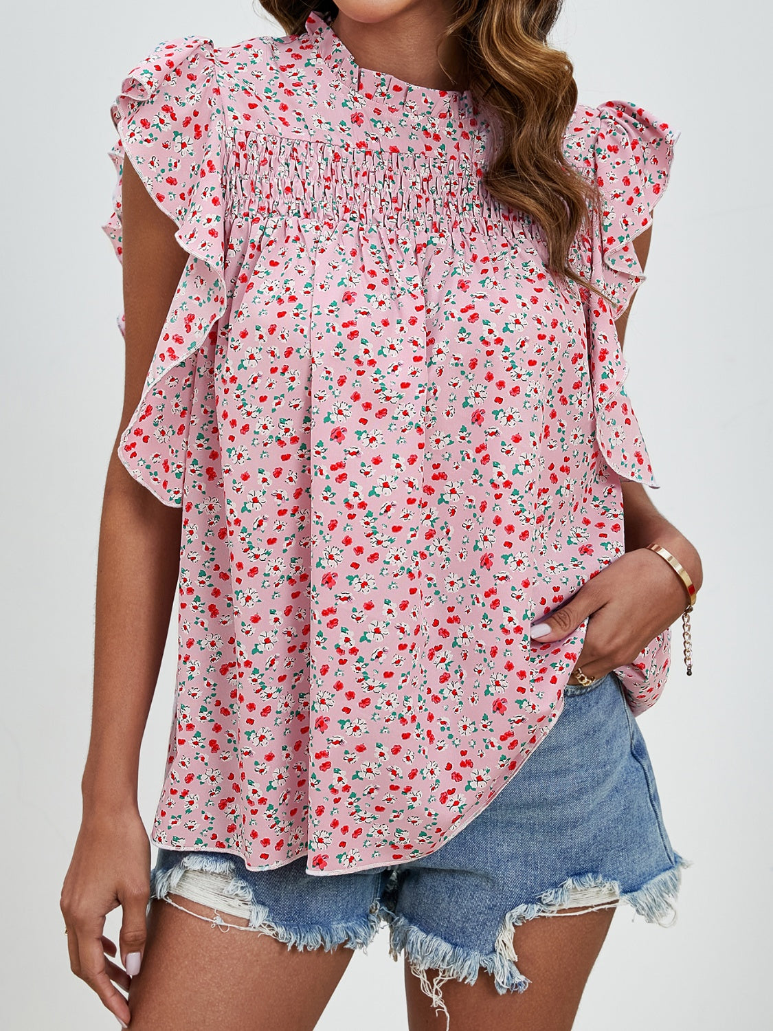 Ruffled Ditsy Floral Mock Neck Cap Sleeve Blouse Trendsi