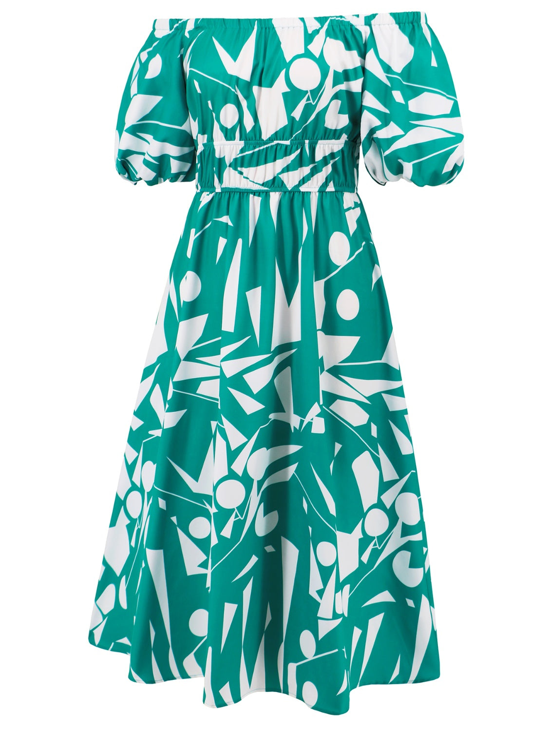 Printed Off-Shoulder Balloon Sleeve Dress Trendsi