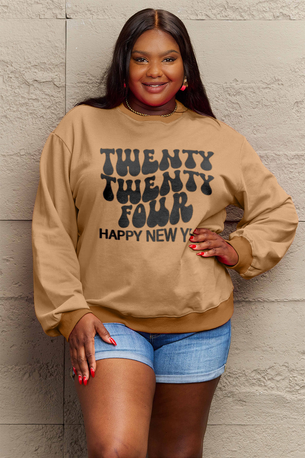 Simply Love Full Size TWENTY TWENTY FOUR HAPPY NEW YEAR Dropped Shoulder Sweatshirt Trendsi