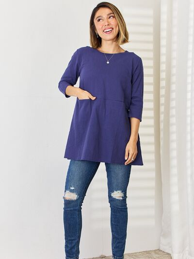 Pocketed Round Neck Half Sleeve Blouse Trendsi