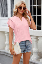 Eyelet Notched Short Sleeve T-Shirt Trendsi