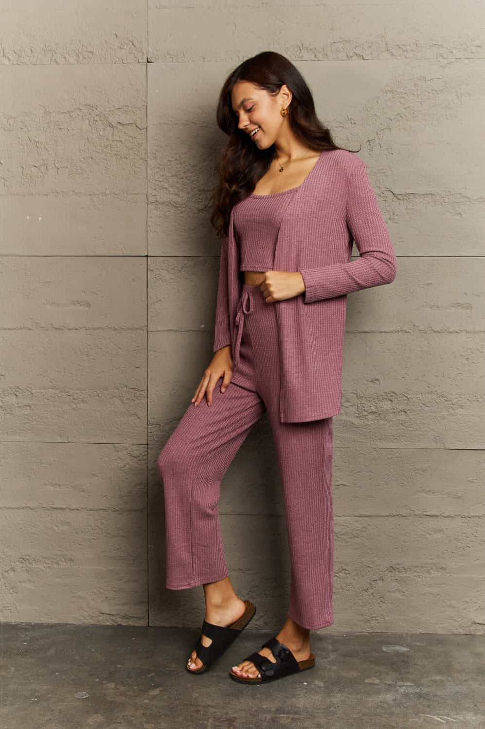 Ninexis Full Size Cropped Top, Long Pants and Cardigan Lounge Set Trendsi