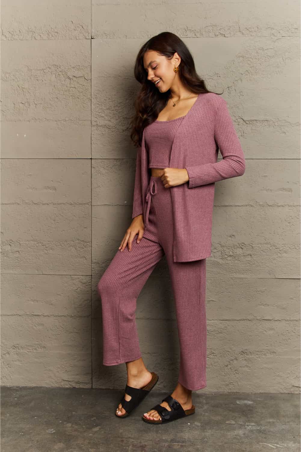 Ninexis Full Size Cropped Top, Long Pants and Cardigan Lounge Set Trendsi