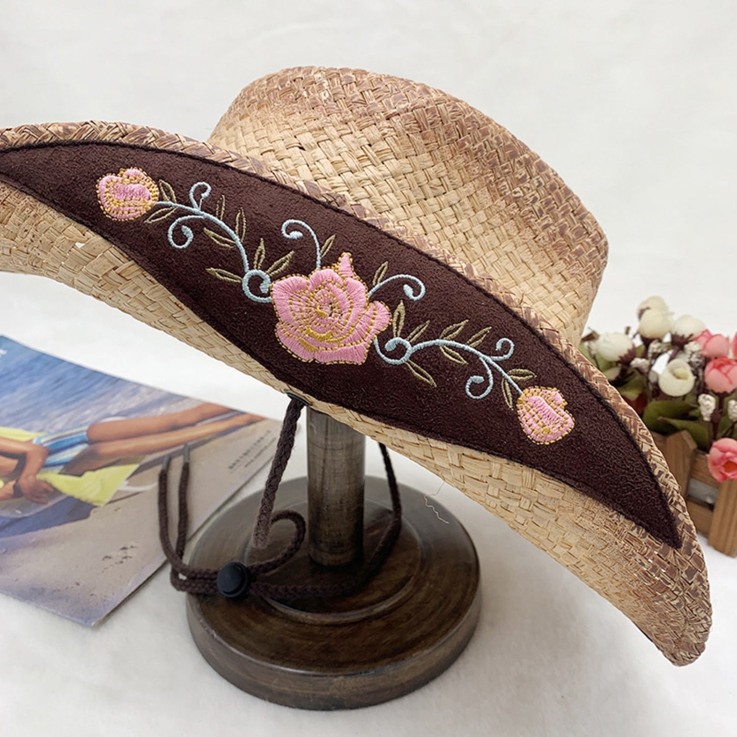 Embroidered Tied Raffia Hat Trendsi