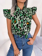 Leopard Tie Neck Cap Sleeve Blouse Trendsi