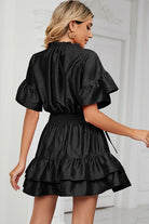 Smocked Tie Neck Flounce Sleeve Dress Trendsi