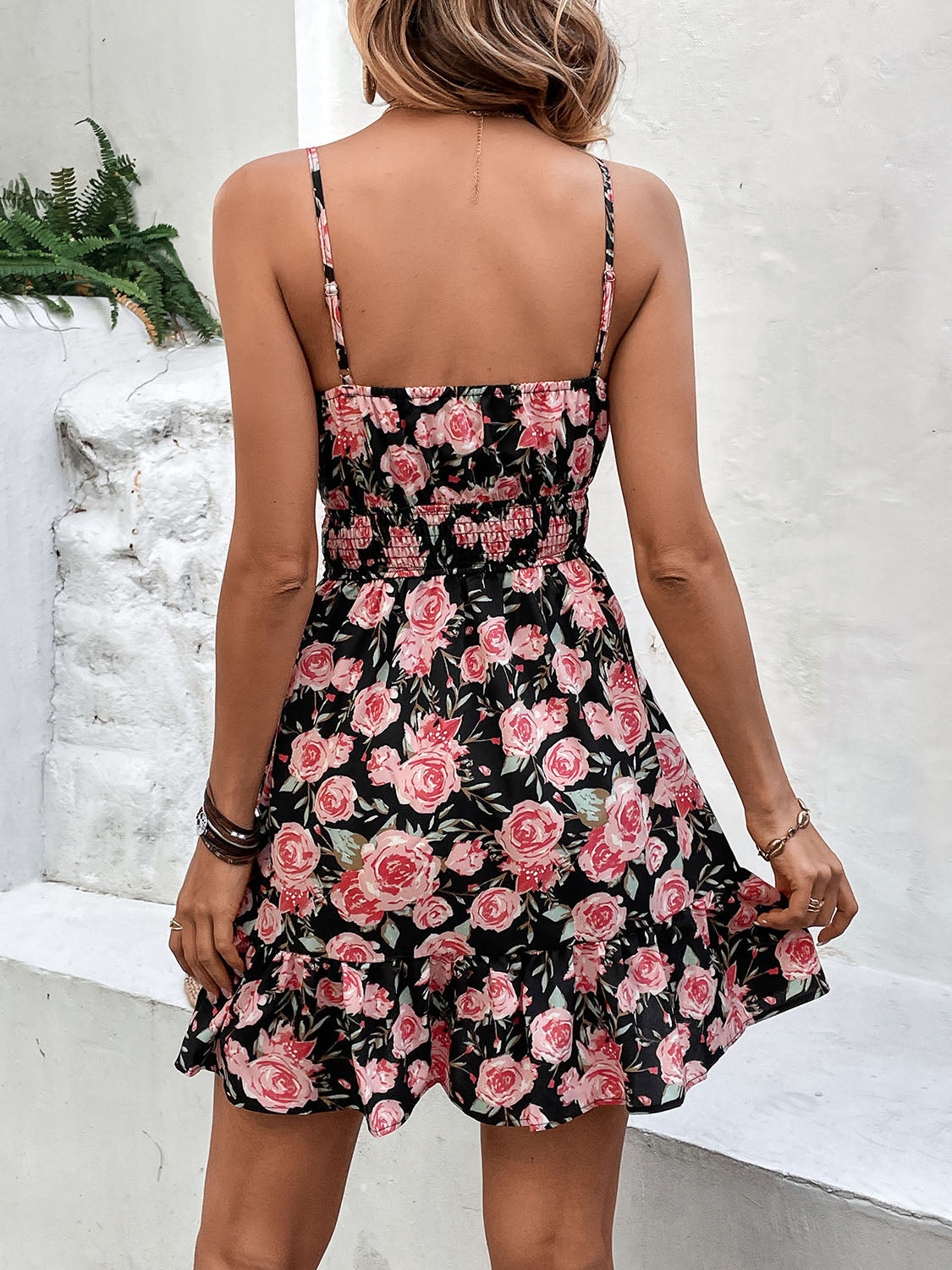 Tied Rose Print Spaghetti Strap Dress Trendsi