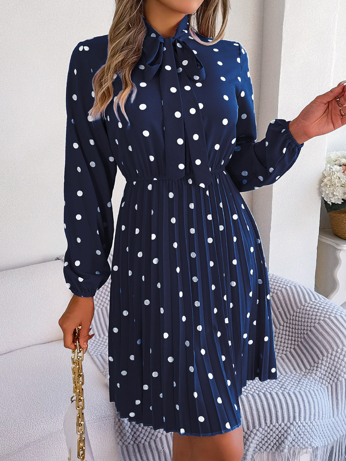 Polka Dot Tie Neck Pleated Dress Trendsi