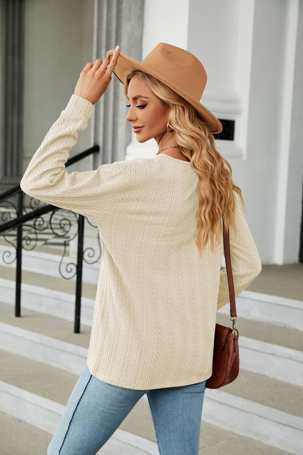 Decorative Button V-Neck Long Sleeve T-Shirt Trendsi