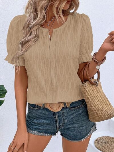 Ruffled Notched Short Sleeve T-Shirt Trendsi