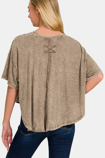 Zenana Washed Round Neck Drop Shoulder Cropped T-Shirt Trendsi