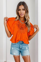 Openwork Round Neck Balloon Sleeve Blouse Trendsi