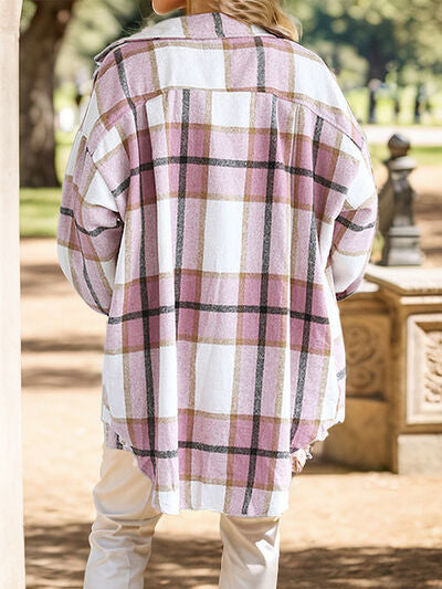 Plaid Button Up Dropped Shoulder Shacket Trendsi