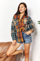 Double Take Plaid Curved Hem Shirt Jacket with Breast Pockets Trendsi