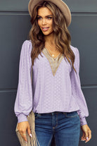 Eyelet V-Neck Long Sleeve Blouse Trendsi