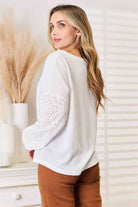 Double Take Eyelet Dropped Shoulder Round Neck Blouse Trendsi