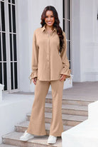 Drawstring Flounce Sleeve Shirt and Pants Set Trendsi