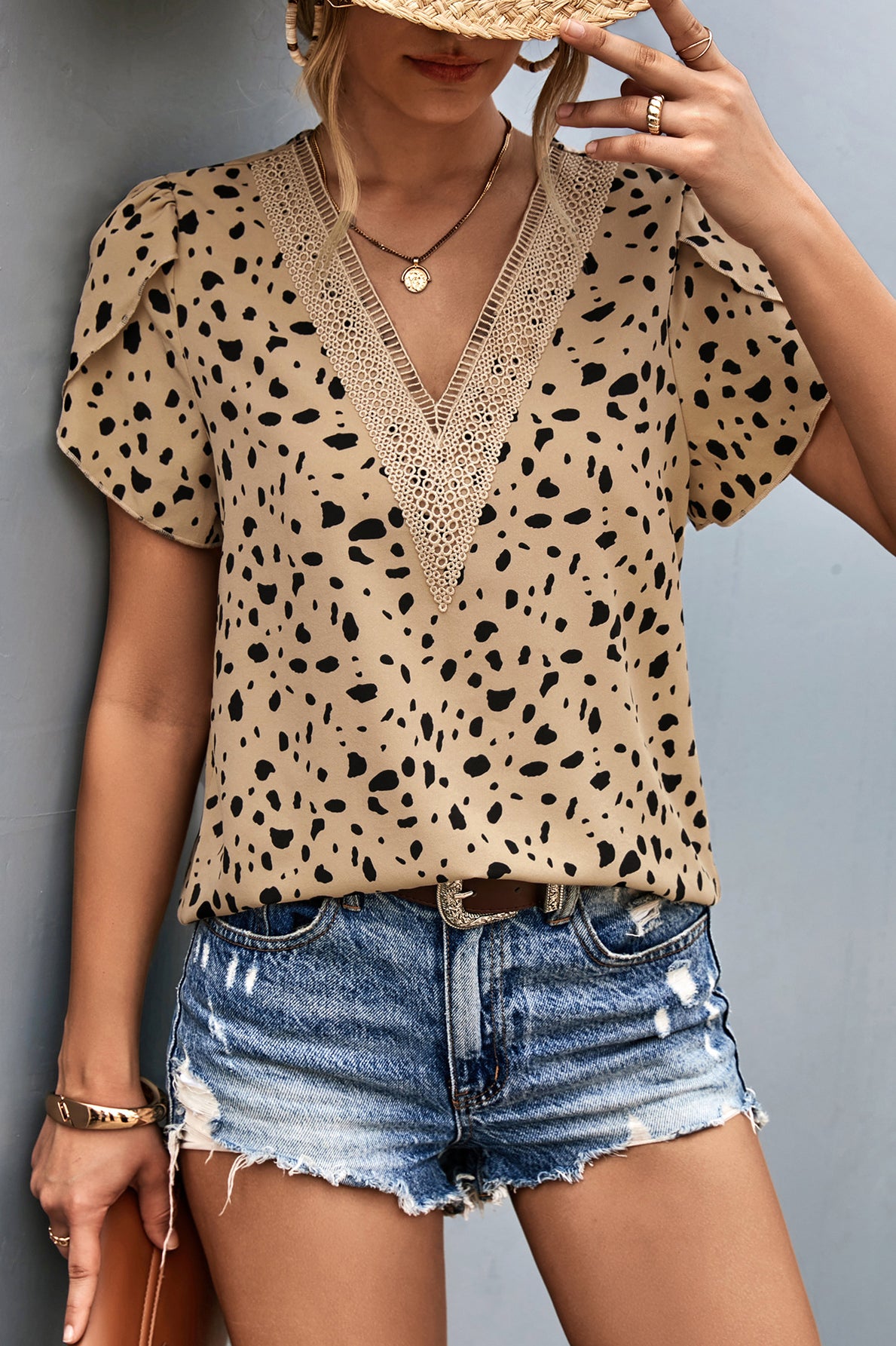 Animal Print V-Neck Petal Sleeve Blouse Casual Chic Boutique