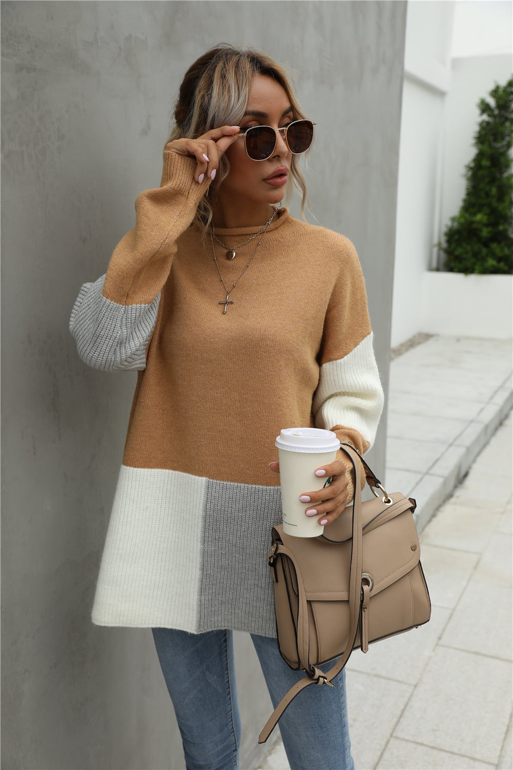 Color Block Round Neck Dropped Shoulder Sweater Trendsi