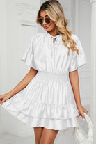 Smocked Tie Neck Flounce Sleeve Dress Trendsi