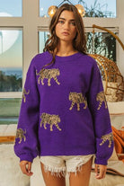 BiBi Tiger Pattern Long Sleeve Sweater Trendsi