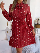 Polka Dot Tie Neck Pleated Dress Trendsi