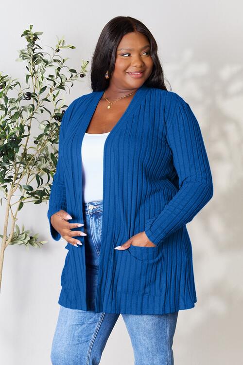 Basic Bae Full Size Ribbed Open Front Cardigan with Pockets Trendsi