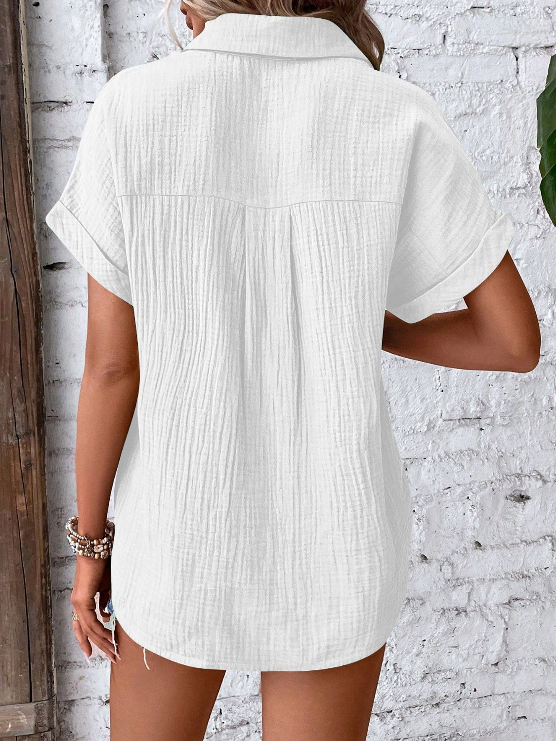 Textured Button Up Short Sleeve Shirt Trendsi