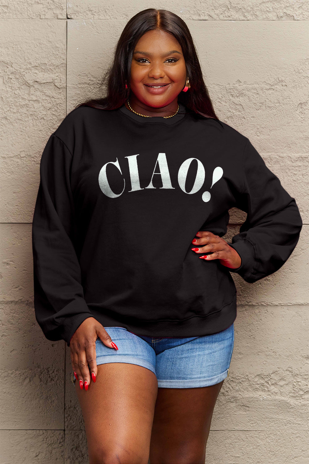 Simply Love Full Size CIAO！Round Neck Sweatshirt Trendsi