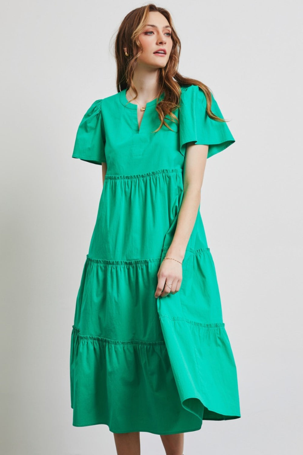 HEYSON Full Size Cotton Poplin Ruffled Tiered Midi Dress Trendsi