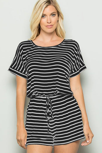 Heimish Full Size Striped Round Neck Short Sleeve Romper Trendsi