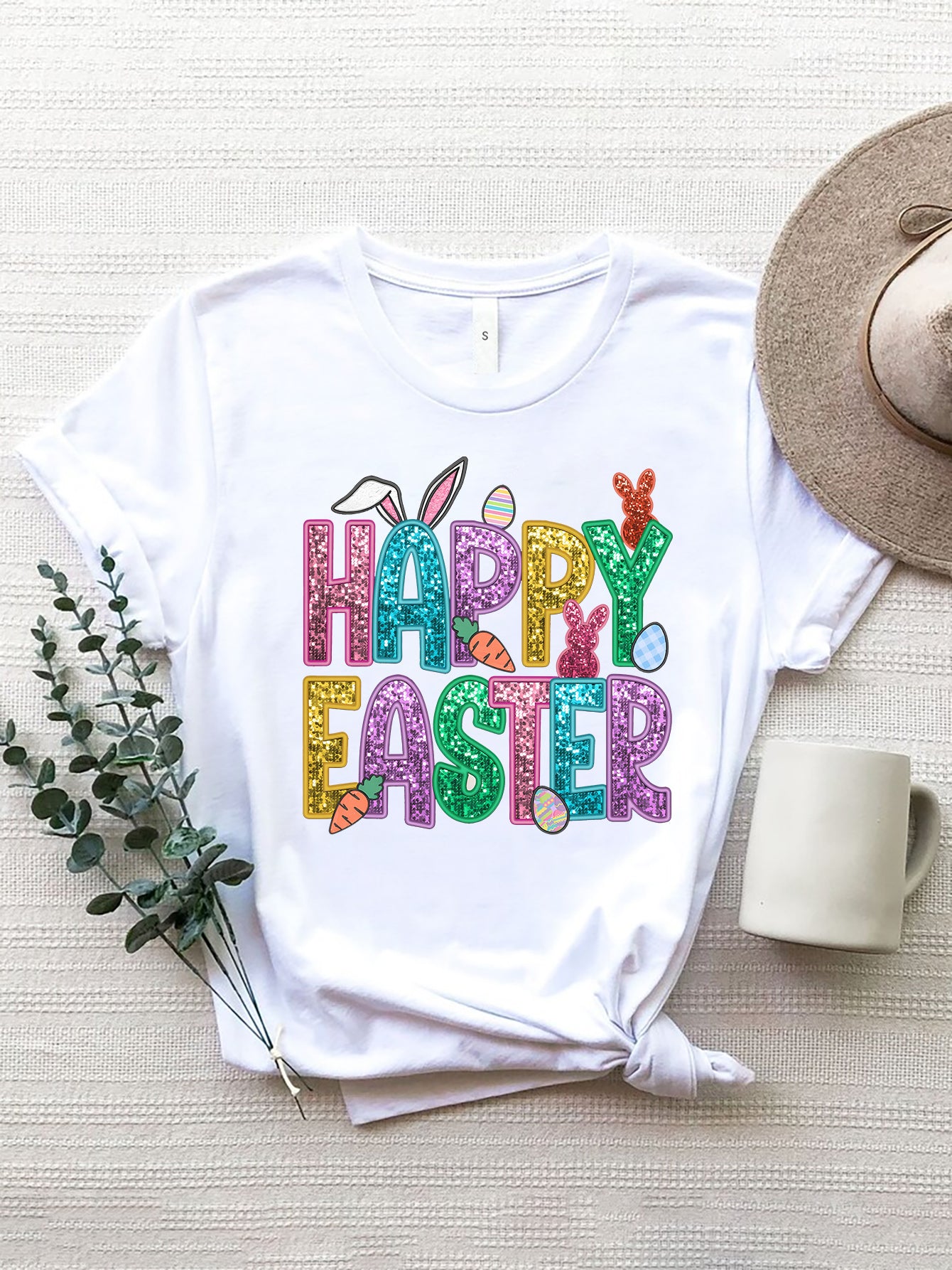 HAPPY EASTER Round Neck Short Sleeve T-Shirt Trendsi