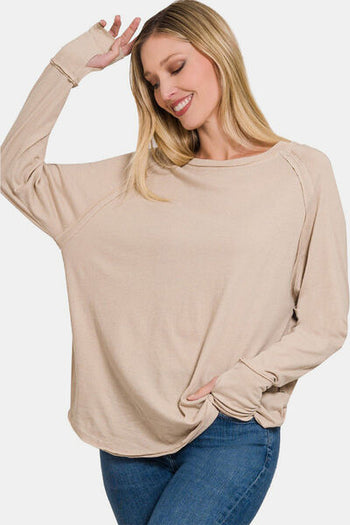 Zenana Round Neck Thumbhole Long Sleeve Top Trendsi