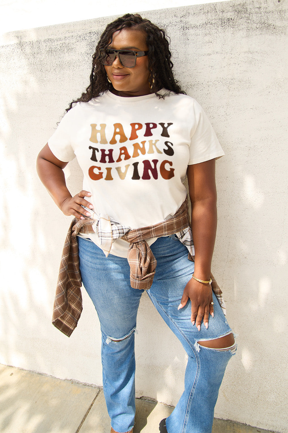 Simply Love Full Size HAPPY THANKS GIVING Short Sleeve T-Shirt Trendsi