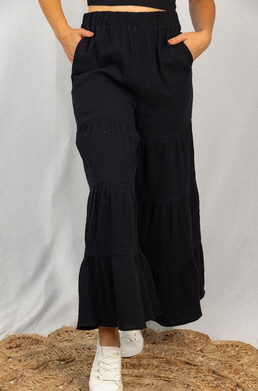 Ruffle Tiered Pull on Pants in Black Ave Shops