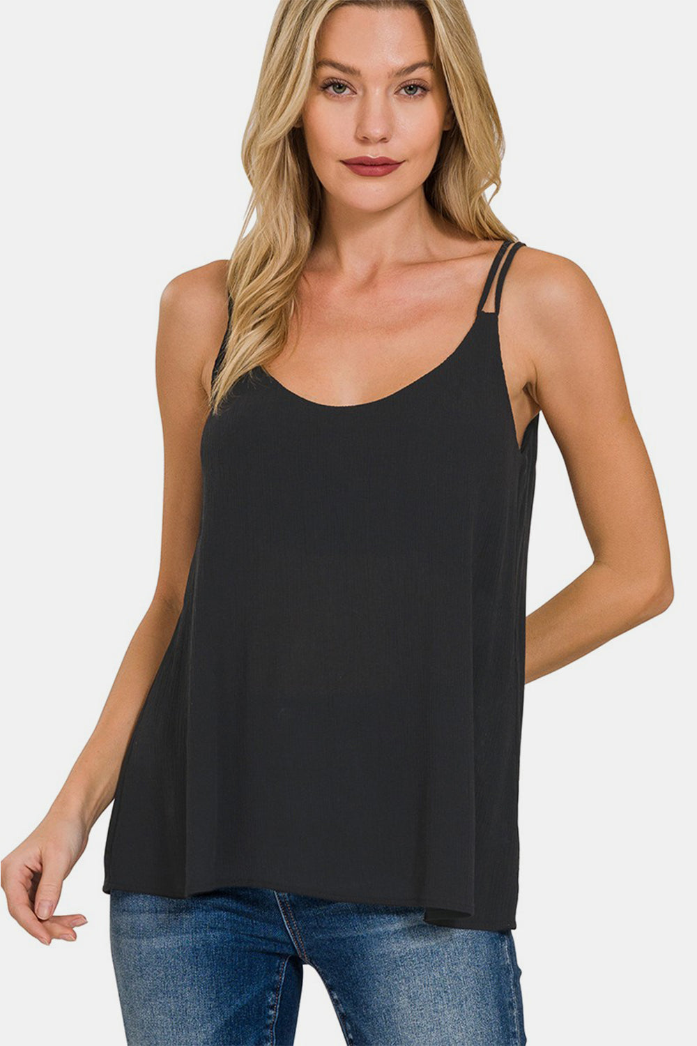 Zenana Woven Double Spaghetti Strap V-Neck Cami Trendsi