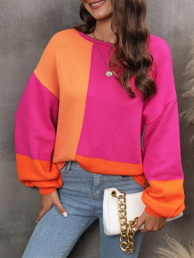 Color Block Round Neck Sweater Trendsi