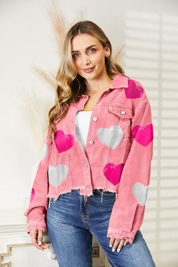 Heart Sequin Dropped Shoulder Jacket Trendsi