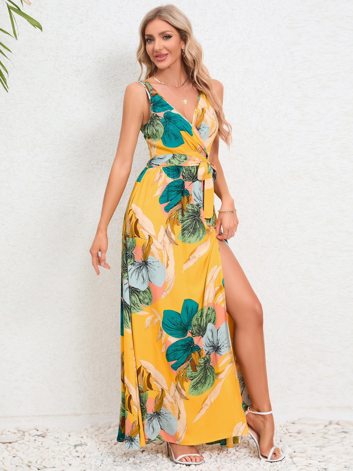 Slit Tied Printed Surplice Dress Trendsi