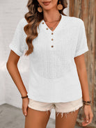 Eyelet V-Neck Short Sleeve Top Trendsi