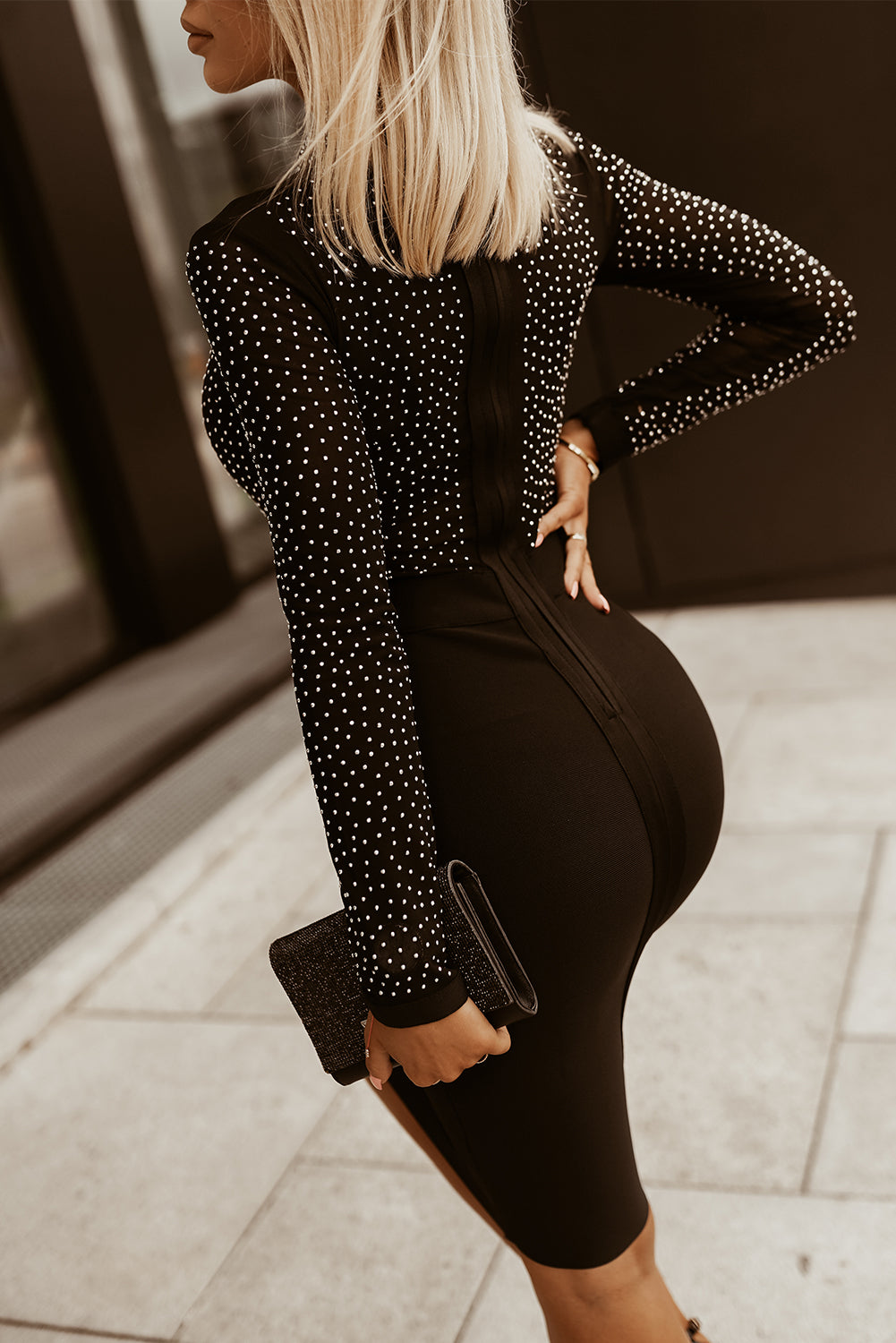 Rhinestone Mock Neck Long Sleeve Dress Trendsi