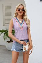 Contrast Eyelet V-Neck Tank Trendsi